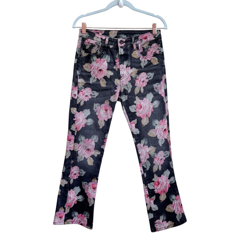 R13 Womens Kick Fit Crop Flare Jeans 28X25 Black Pink Floral Rose Hi Rise Edgy